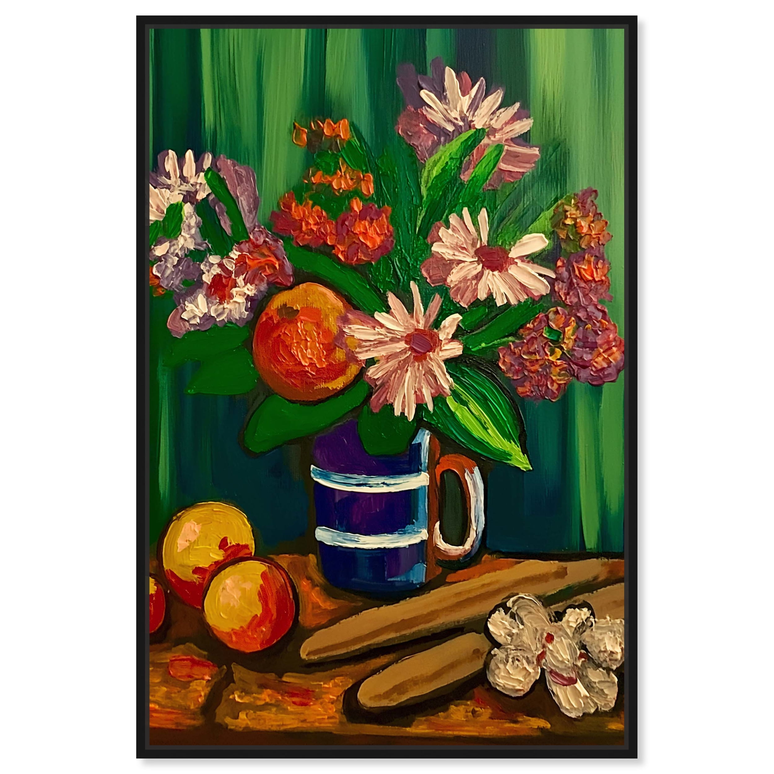 Art Remedy Floral Vase and Fruits Painting on Canvas with Black Frame
