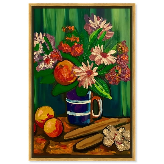 Floral Vase And Fruits Flowers In Vase Paintings Canvas Wall Art by Art Remedy, Gold Floater Frame, 25.5" x 37.5"