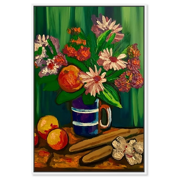 Floral Vase And Fruits Flowers In Vase Paintings Canvas Wall Art by Art Remedy, White Floater Frame, 11" x 16"