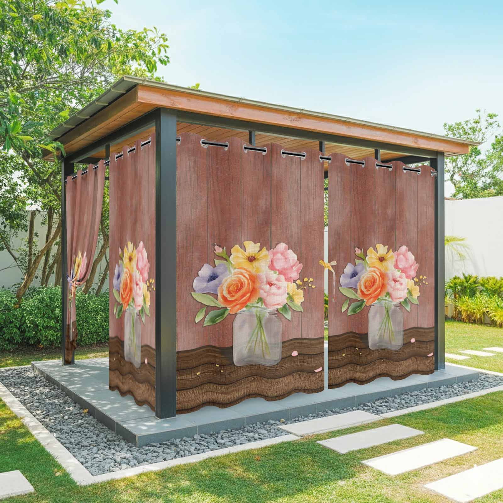 Floral Vase Outdoor Curtains for Patio, Watercolor Colored Floral Vase Red Wood Grain Sunshade Privacy Drapes Grommet Waterproof Outside Curtains for Porch/Cabana/Balcony 54"x 108", 1 Panel