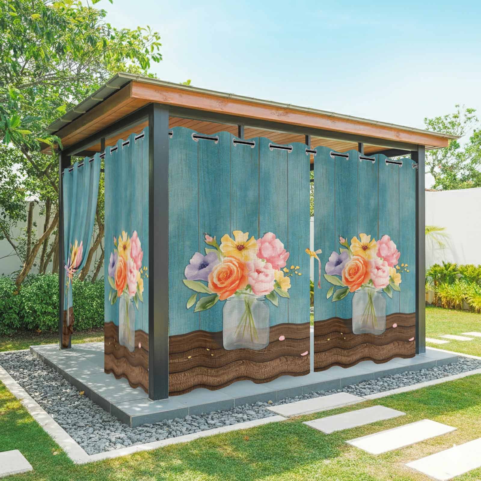 Floral Vase Outdoor Curtains for Patio, Watercolor Colored Floral Vase Teal Wood Grain Sunshade Privacy Drapes Grommet Waterproof Outside Curtains for Porch/Cabana/Balcony 54"x 84", 1 Panel