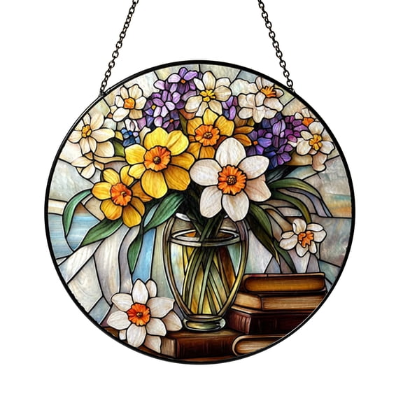 Floral Vase Window Hanging – Stained Glass Style Decor1601