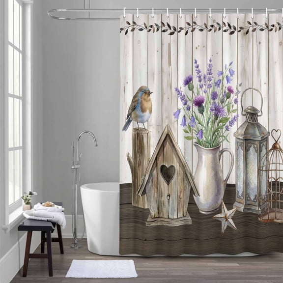 Floral Vases 36x72 Inches Waterproof Shower Curtain, Vintage Birds Cages Birdhouse Wood Grain Bath Curtain Set with 12 Hooks Washable Shower Curtains for Bathroom Bathtub Decor