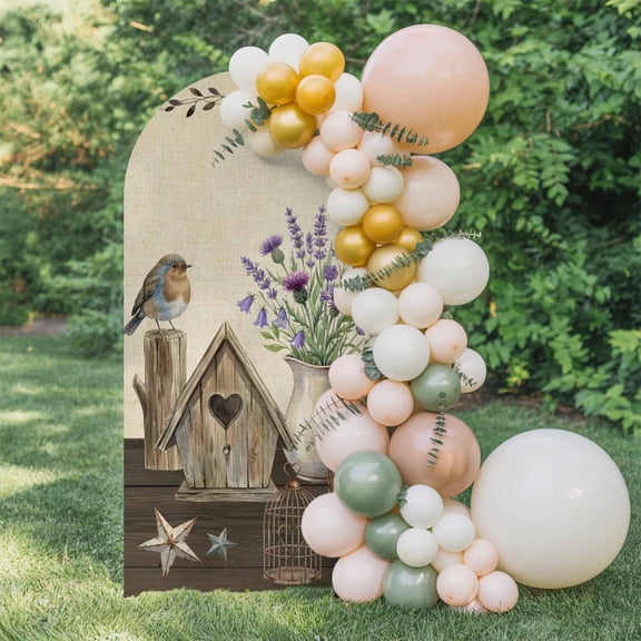 Floral Vases Arch Backdrop Cover 4 FT, Vintage Birds Cages Birdhouse Linen Texture Wedding Arch Cover Stretchy Backdrop Stands Covers for Birthday Party Ceremony Banquet Decor