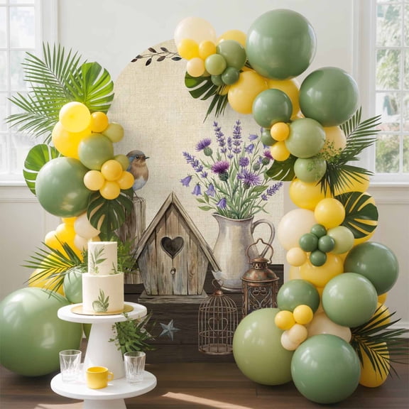 Floral Vases Arch Backdrop Cover, 6FT, Vintage Birds Cages Birdhouse Linen Texture Spandex Arch Covers Double-Sided Backdrop for Wedding Birthday Party Photo Background Decoration