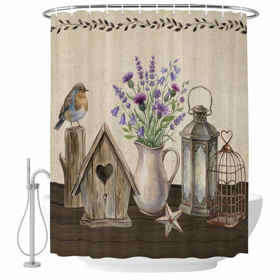 Floral Vases Bathroom Shower Curtains with Hooks, Vintage Birds Cages Birdhouse Linen Texture Waterproof Fabric Washable Shower Curtain for Home Hotel Bathtub Decor 60x72 Inch