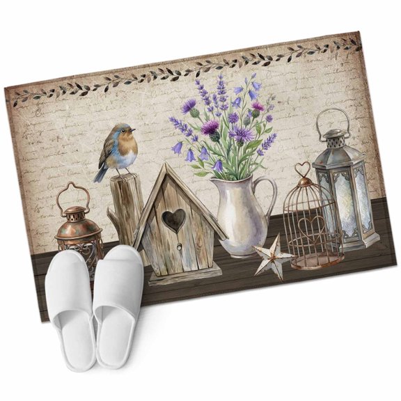 Floral Vases Entryway Rug 2'x3' Vintage Birds Cages Birdhouse Letter Paper Texture Small Area Rug Non-Slip Front Door Mat Washable Floor Carpet for Indoor Entrance Kitchen Bathroom
