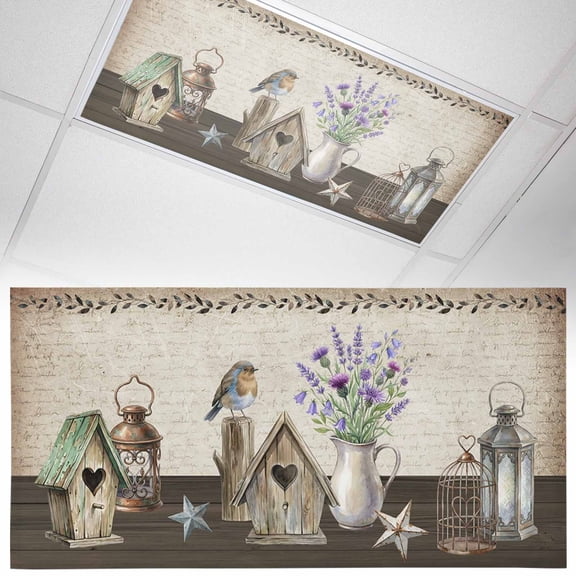 Floral Vases Fluorescent Light Covers Vintage Birds Cages Birdhouse Letter Paper Texture Magnetic Light Filters Ceiling Lighting Panel Shade for Classroom Office Home 2 x 4 ft, 1 Pack