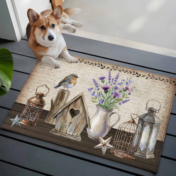 Floral Vases Front Door Rugs 2x3 ft Vintage Birds Cages Birdhouse Letter Paper Texture Small Rug for Entryway Non Slip Washable Bathroom Door Mat Absorbent Floor Mat for Indoor Entrance