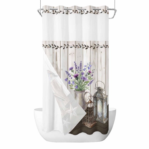 Floral Vases No Hook Shower Curtain with Snap in Liner Vintage Birds Cages Birdhouse Wood Grain Waterproof Bathroom Shower Curtain with See Through Top Window for Bathtub 36" x 72"