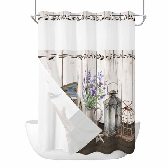Floral Vases No Hook Shower Curtain with Snap in Liner Vintage Birds Cages Birdhouse Wood Grain Waterproof Bathroom Shower Curtain with See Through Top Window for Bathtub 72" x 84"
