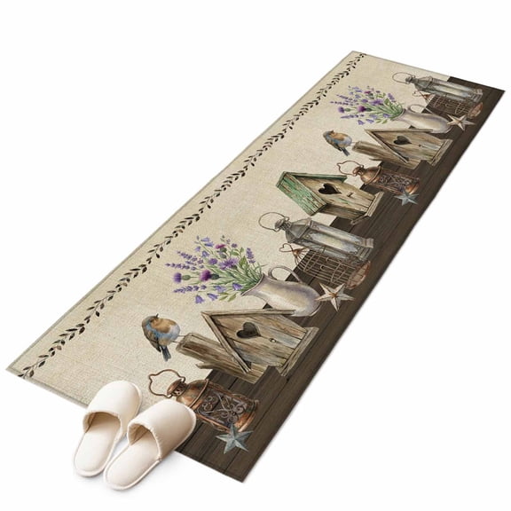 Floral Vases Runner Rug 2'x6' Vintage Birds Cages Birdhouse Linen Texture Hallway Runner Rugs Washable Non-Slip Bedside Floor Mats Carpet for Kitchen Bedroom Laundry Room Bathroom