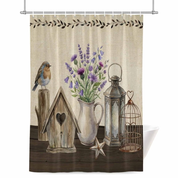 Floral Vases Shower Curtain, 36" x 72", Vintage Birds Cages Birdhouse Linen Texture Waterproof Bathroom Curtain Washable Shower Curtain Set with 12 Hooks