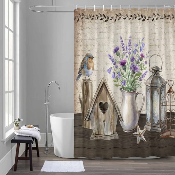Floral Vases Shower Curtain for Bathroom Decor, Vintage Birds Cages Birdhouse Letter Paper Texture Waterproof Fabric Shower Curtain, 36"x72" Set with 12 Hooks