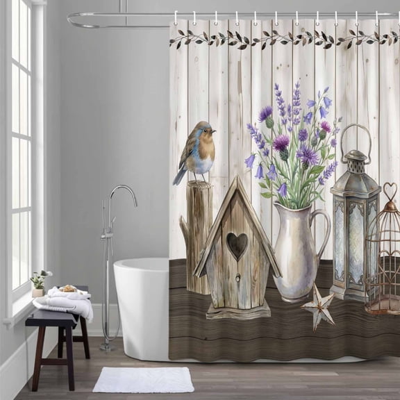 Floral Vases Shower Curtain for Bathroom Decor, Vintage Birds Cages Birdhouse Wood Grain Waterproof Fabric Shower Curtain, 60"x72" Set with 12 Hooks