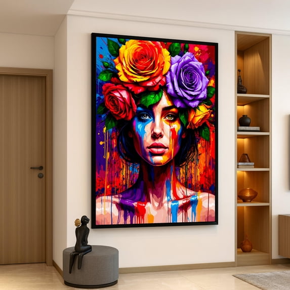 Floral Vibrant Woman Portrait Paint Drip Art Crown Abstract Face Poster ...