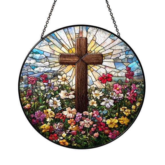 Floral Vine Cross Glass Window Hanging – Decorative Stained Glass Style Art