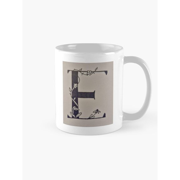 Floral Vine Letter E Monogram Mug, 11oz Ceramic, Beige and Dark Navy Botanical Style