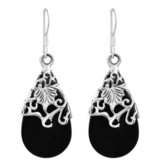 Floral Vine Ornate Teardrop Black Onyx .925 Silver Earrings