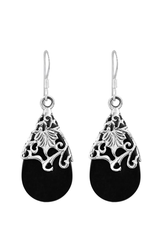 Floral Vine Ornate Teardrop Black Onyx .925 Silver Earrings