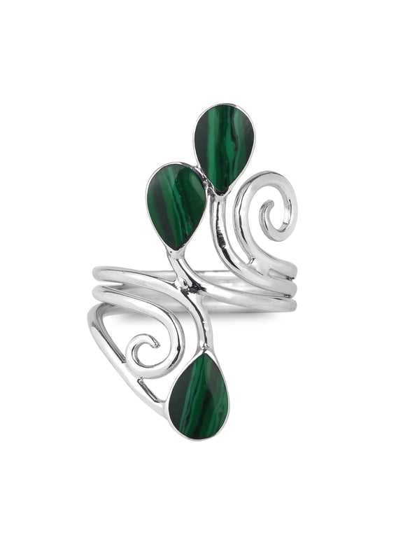 Floral Vine Ornate Teardrop Green Malachite Sterling Silver Ring-11