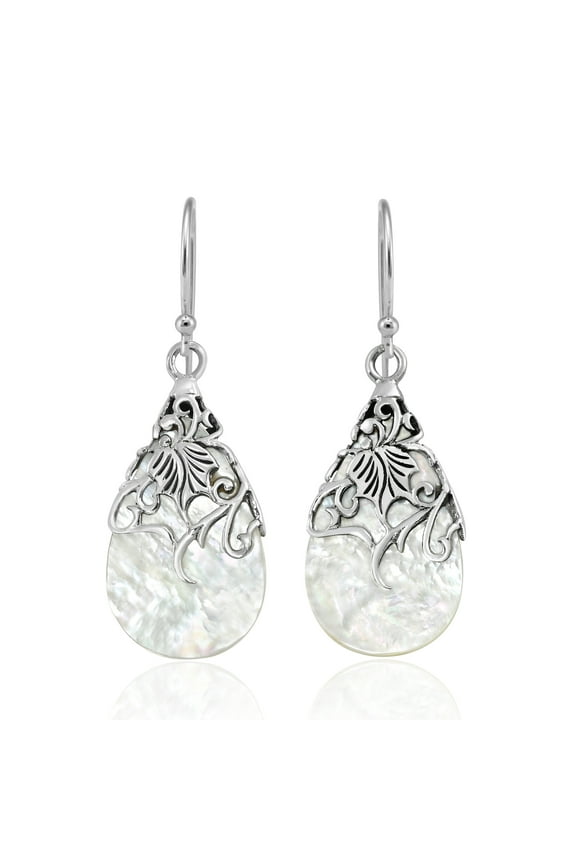 Floral Vine Ornate Teardrop White Mother of Pearl .925 Sterling Silver Dangle Earrings