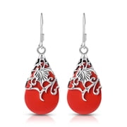 Floral Vine Ornated Teardrop Reconstructed Red Coral .925 Sterling Silver Earrings