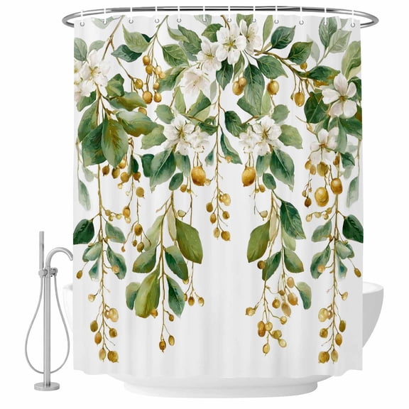 Floral Vine Shower Curtain Set - Extra Long 72" x 96" Washable Bathtub Curtain with 12 Hooks, White Hanging Buds Botanical Flowers Farmhouse Waterproof Fabric Stall Shower Curtains for Bathroom