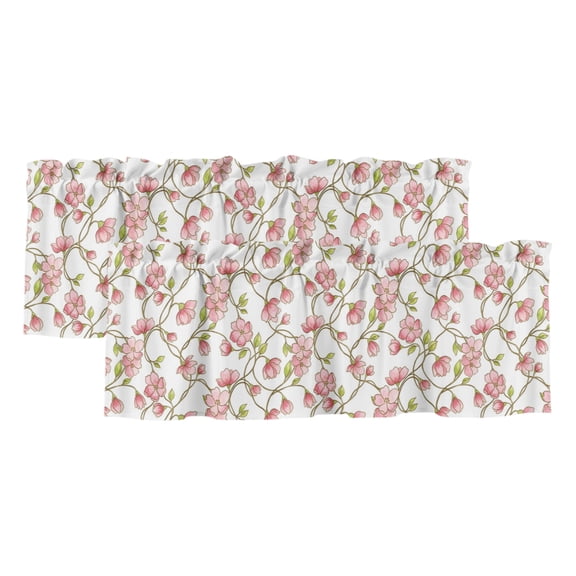 Floral Vines 2 Panels Kitchen Valance, Rustic Floral Pink Buds Flower Petals Green Leaves Curtains Valances for Small Windows Rod Pocket Window Treatments for Living Room Bedroom 42" W x 12" L