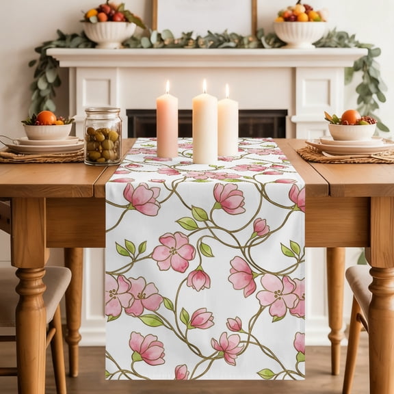 Floral Vines Dining Table Runner, Rustic Floral Pink Buds Flower Petals Green Leaves Washable Table Runners Kitchen Coffee Table Center Decor for Home Party Holiday Wedding 13 x 36 Inches