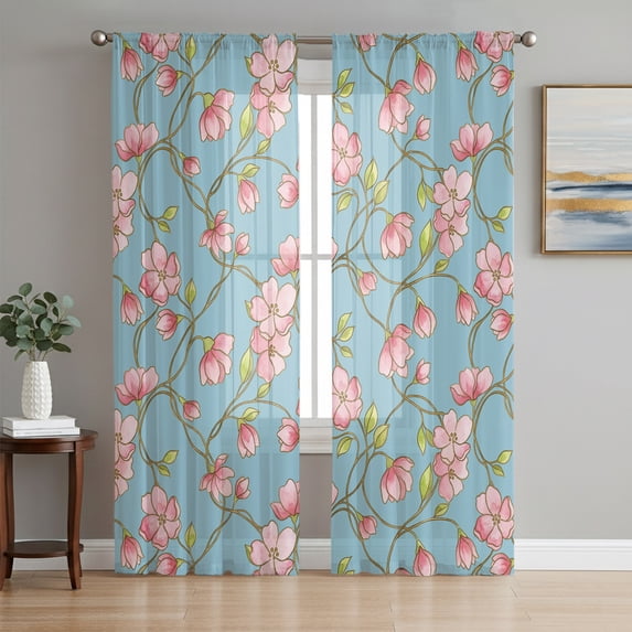 Floral Vines Sheer Curtains 84 Inch Length 2 Panels Set, Rustic Pink Flowers Leaves Botanical Blue Voile Window Treatment Rod Pocket Curtains Sheers Drapes for Bedroom/Living Room/Kitchen 52"x84"x2