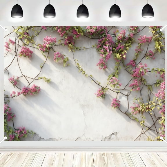Floral Vines White Wall Photography Backdrop, Pink Flower Climbing Wall Photo Background for Party Portrait Shoot 3x5ft