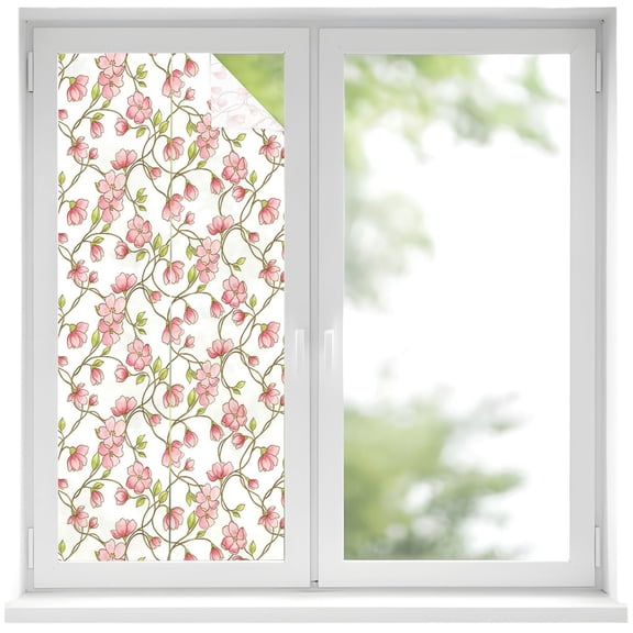 Floral Vines Window Privacy Film, Rustic Floral Pink Buds Flower Petals Green Leaves Frosted Glass Window Clings Static Cling UV Heat Blocking Reusable Door Sticker for Bathroom 19.6 x 39.3 Inch
