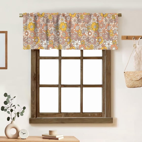 Floral Vintage 70s Valance Curtain Boho Hippie Flower Power Retro Flower Groovy Rod Pocket Valance Window Treatments 1 Panel Short Curtains for Kitchen Bathroom Bedroom 54 x 18 in