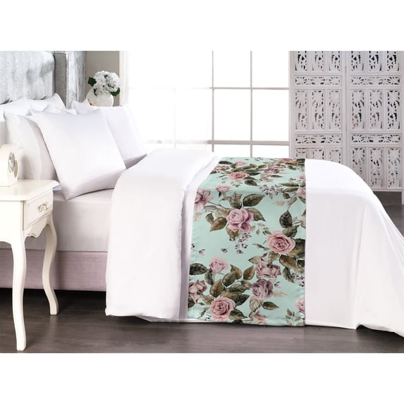 Floral Vintage Bed Runner, Romantic Vibes Rose Pattern with Leaves Greenery Neutral Print, Decorative Accent Bedding Scarf for Hotels Homes & Guest Rooms, Queen, Pale Pink Reseda Green, by Ambesonne