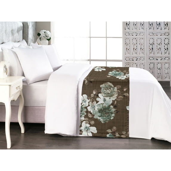 Floral Vintage Bed Runner, Springtime Flowers Boho and Leaves Greenery Romantic Vibes Artwork, Decorative Accent Bedding Scarf for Hotels Homes & Guest Rooms, King, Taupe Almond Green, by Ambesonne