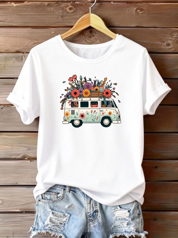 Floral Vintage Camper Van T-Shirt, Boho Flower Graphic Tee, Women's Casual Cotton Crew Neck Short Sleeve Top