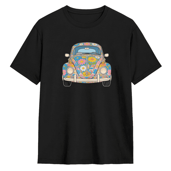 Floral Vintage Car Retro Graphic Tee for Men and Women, Humorous Road Trip Cotton Short Sleeves T-Shirt