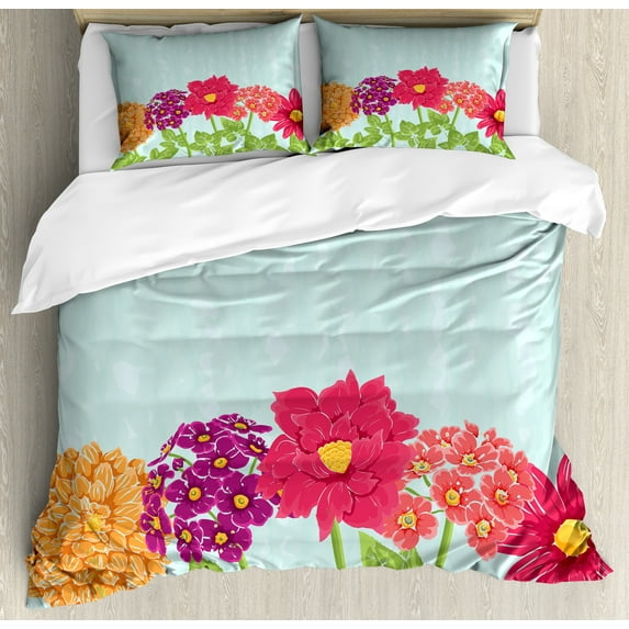 Floral Vintage Duvet Cover Set, Colorful Flowers and Leaves Botanical Illustration, Decorative 3 Piece Bedding Set with 2 Pillow Shams, Queen Size, Pale Blue and Multicolor, by Ambesonne