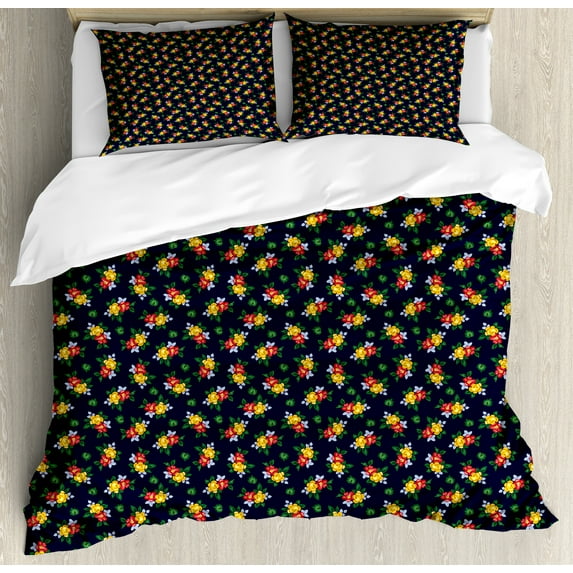 Floral Vintage Duvet Cover Set, Garden Bouquets Flower Petals Leaves Summer Essence Retro Design, Decorative 3 Piece Bedding Set with 2 Pillow Shams, Calking Size, Indigo and Multicolor, by Ambesonne