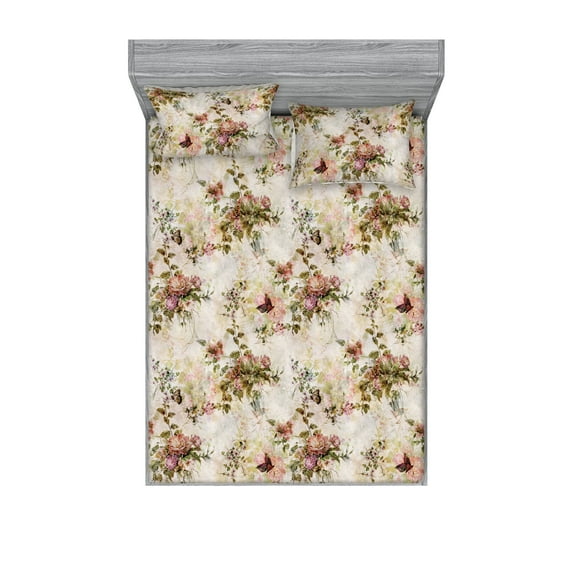 Floral Vintage Fitted Sheet & Pillow Sham Set, Nostalgic Weathered Love Effect of Butterflies Floral Bouquets Flowers, Decorative Printed 3 Piece Bedding Decor, King, Beige Multicolor, by Ambesonne
