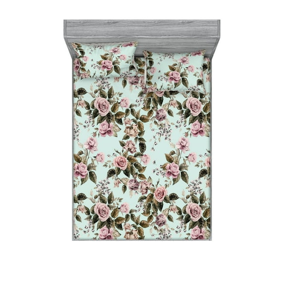 Floral Vintage Fitted Sheet & Pillow Sham Set, Romantic Vibes Rose Pattern with Leaves Greenery Neutral Print, Decorative Printed 3 Piece Bedding Decor, Queen, Pale Pink Reseda Green, by Ambesonne