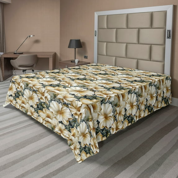 Floral Vintage Flat Sheet, Retro Looking Exotic Hibiscus Petals Blossom Leaves Jungle Boho, Soft Comfortable Top Sheet Decorative Bedding 1 Piece, Full Size, Pastel Brown Sage Green, by Ambesonne