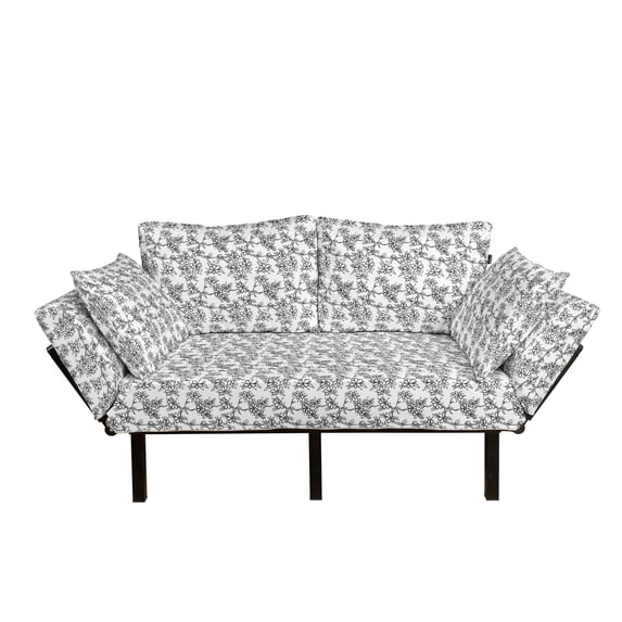 Floral Vintage Futon Couch, Monochrome Illustration of Branches with Flowers and Leaves, Daybed with Metal Frame Upholstered Sofa for Living Dorm, Loveseat, Charcoal Grey and White, by Ambesonne