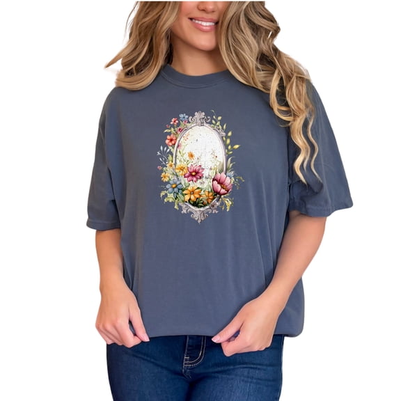 Floral Vintage Mirror Art Tee, Colorful Blossoms Graphic T-Shirt, Botanical Illustration Top, Retro Flower Frame Shirt, Nature-Inspired, Denim Comfort Colors T-Shirt, Large