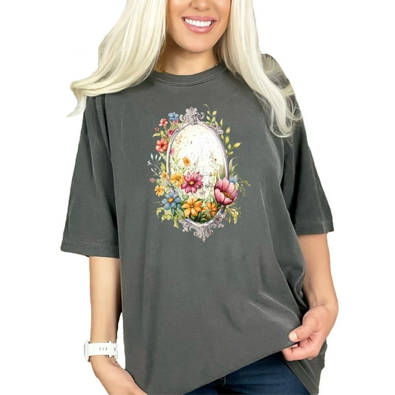 Floral Vintage Mirror Art Tee, Colorful Blossoms Graphic T-Shirt, Botanical Illustration Top, Retro Flower Frame Shirt, Nature-Inspired, Pepper Comfort Colors T-Shirt, XL