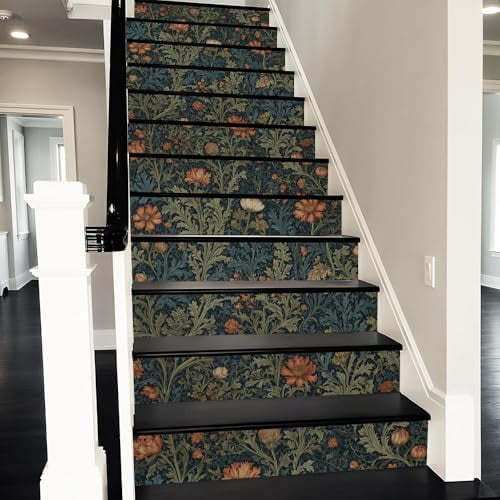 Floral Vintage Orange Green Leaf Plants Peel and Stick Vinyl Stair Riser Decals Staircase Tile Stickers Art Modern Decoration Self-Adhesive Home Decor Stair Decals (14 Pcs)$$Tools