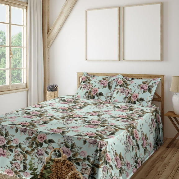 Ambesonne Floral Vintage Fitted & Flat Sheet with Shams 4 Pcs Set, Romantic Vibes Roses, King, Pale Pink Reseda Green