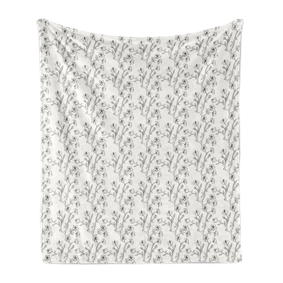 Floral Vintage Soft Flannel Fleece Blanket, Continuous Design of Sakura Flowers Drawn by Hand on a Plain Background, Cozy Plush for Indoor and Outdoor Use, 50" x 70", Dark Grey White, by Ambesonne