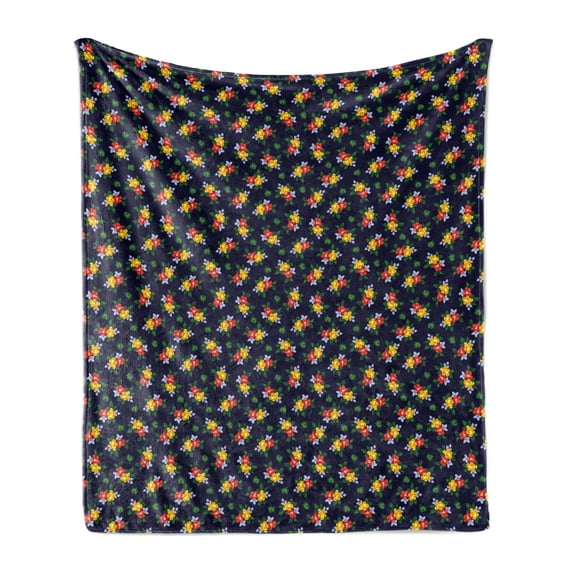 Floral Vintage Soft Flannel Fleece Blanket, Garden Bouquets Flower Petals Leaves Summer Essence Retro Design, Cozy Plush for Indoor and Outdoor Use, 50" x 60", Indigo and Multicolor, by Ambesonne